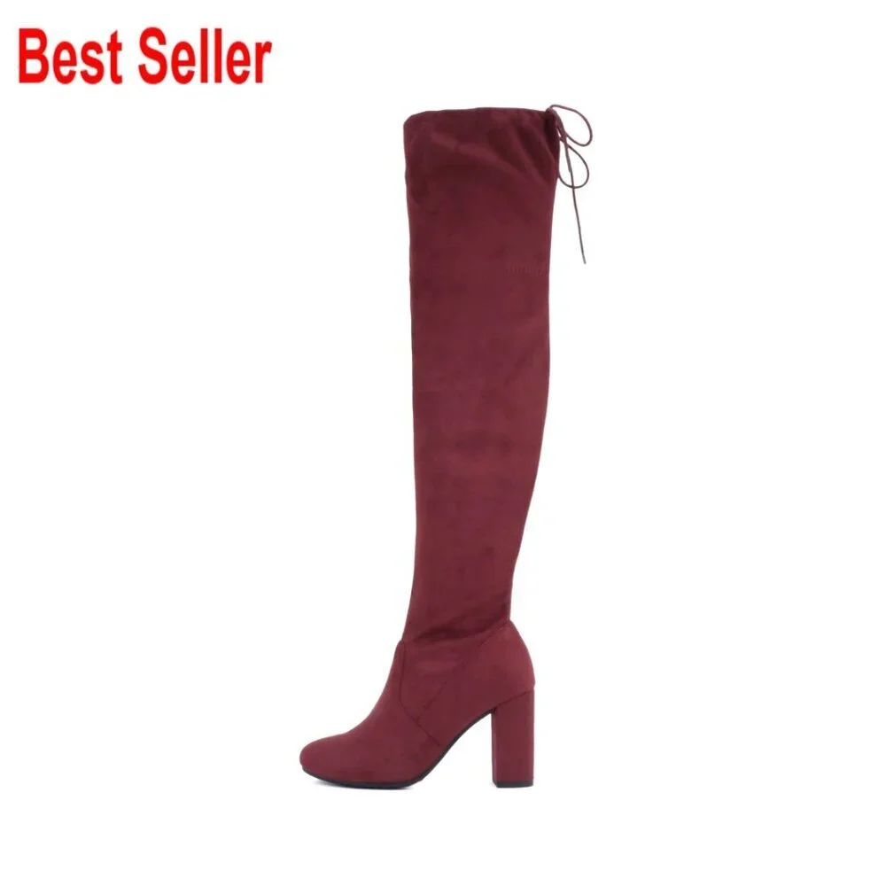 Round Toe Over the Knee Boots with Drawstring Closure, Imitation Suede